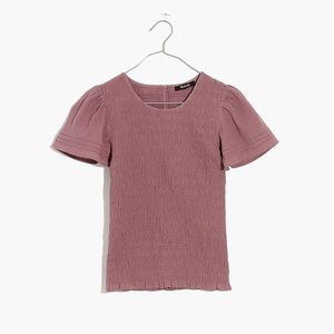 NWT MADEWELL Lucie Flutter-Sleeve Smocked Bodice Top, fig, Medium. SldOut online